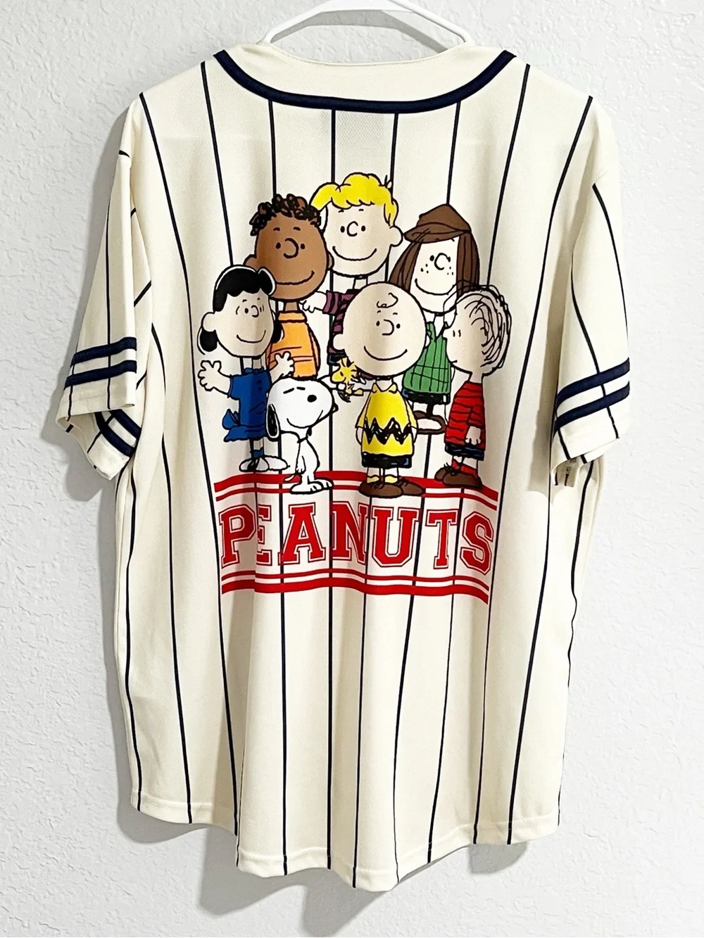 Peanuts Cream Stripes Graphic Jersey Button Down Sporty Athletic XL